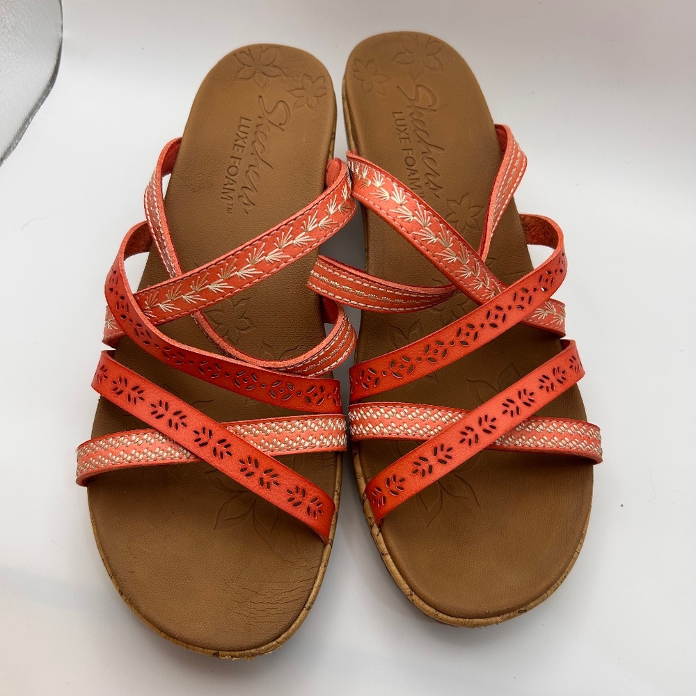 Women's Skechers Luxe Foam Strappy Embroidered Leather Wedge Sandals Size10
